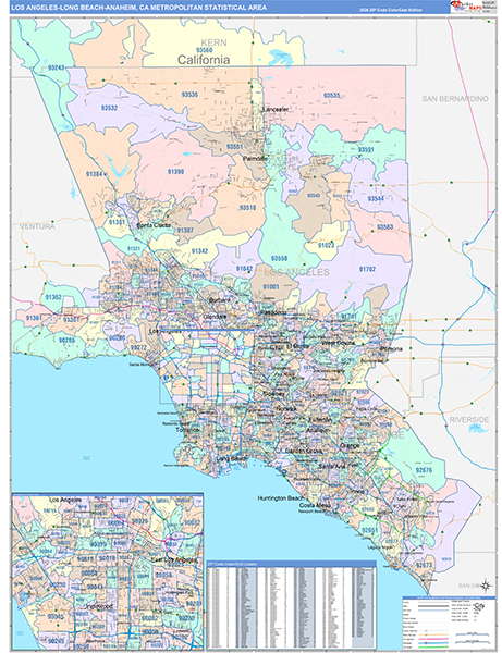 Los Angeles-Long Beach-Anaheim Metro Area Wall Map Color Cast Style